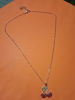 Cherry Pendant Necklace - Rose Gold with Red & Green Crystals